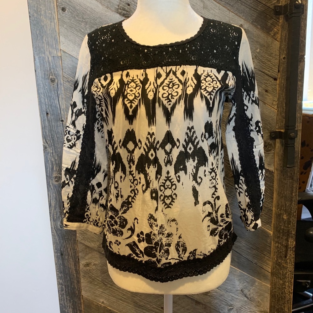 CAbi Black & Cream Lace & Floral Blouse